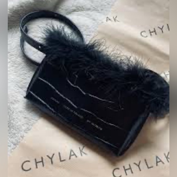 Chylak Handbags - Chylak bag feather trim crock black embossed leather